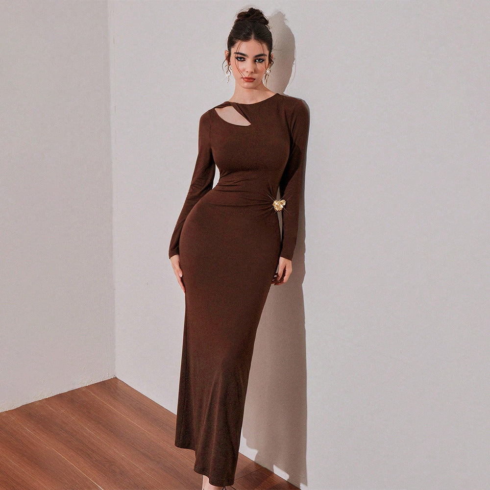 French Retro Minority Design Hollow Out Cutout out Long Sleeved Dress Women Spring Summer Atmosphere Slim Fit Formal Dress