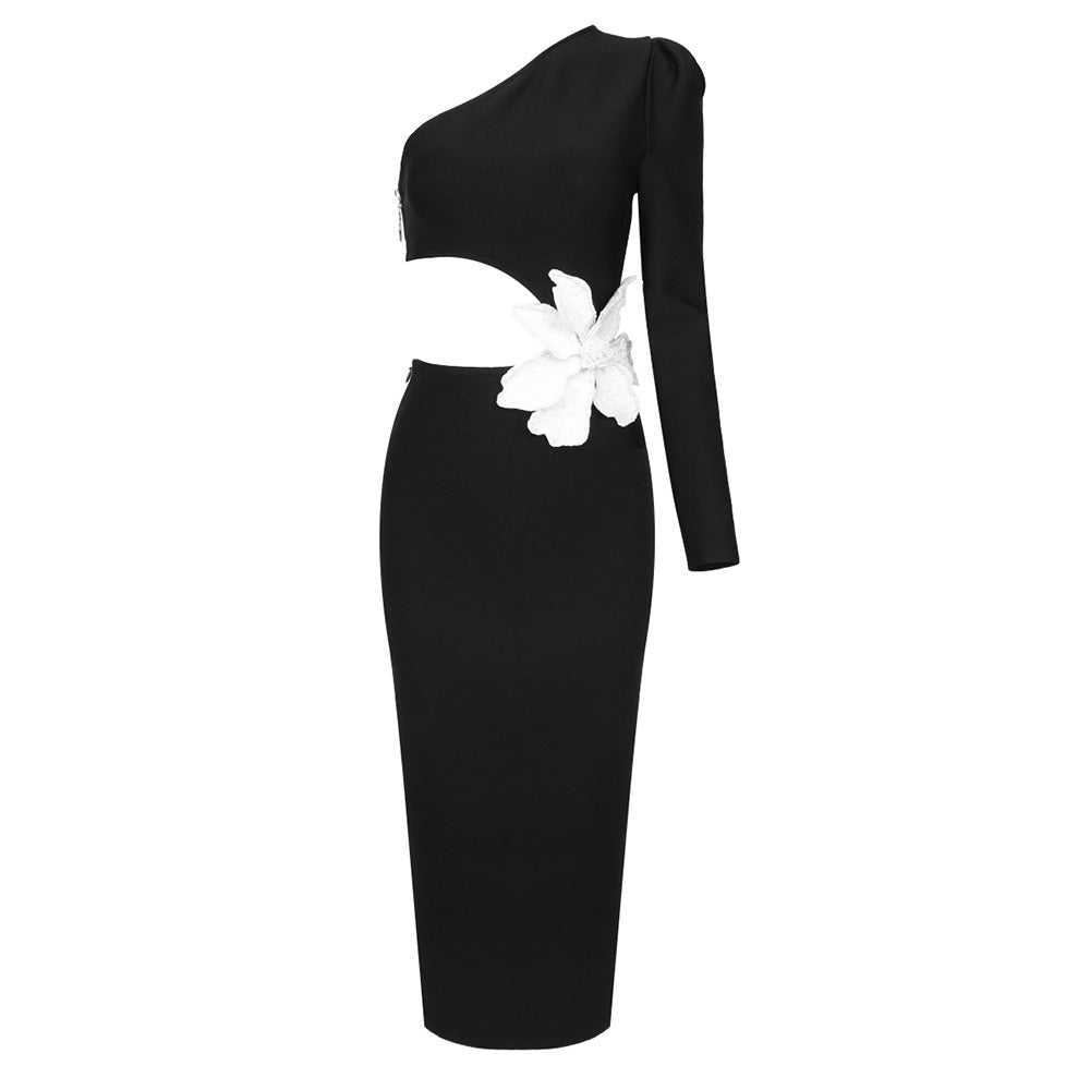 One Shoulder Long Sleeve Cut Out Floral Applique Bodycon Midi Dress