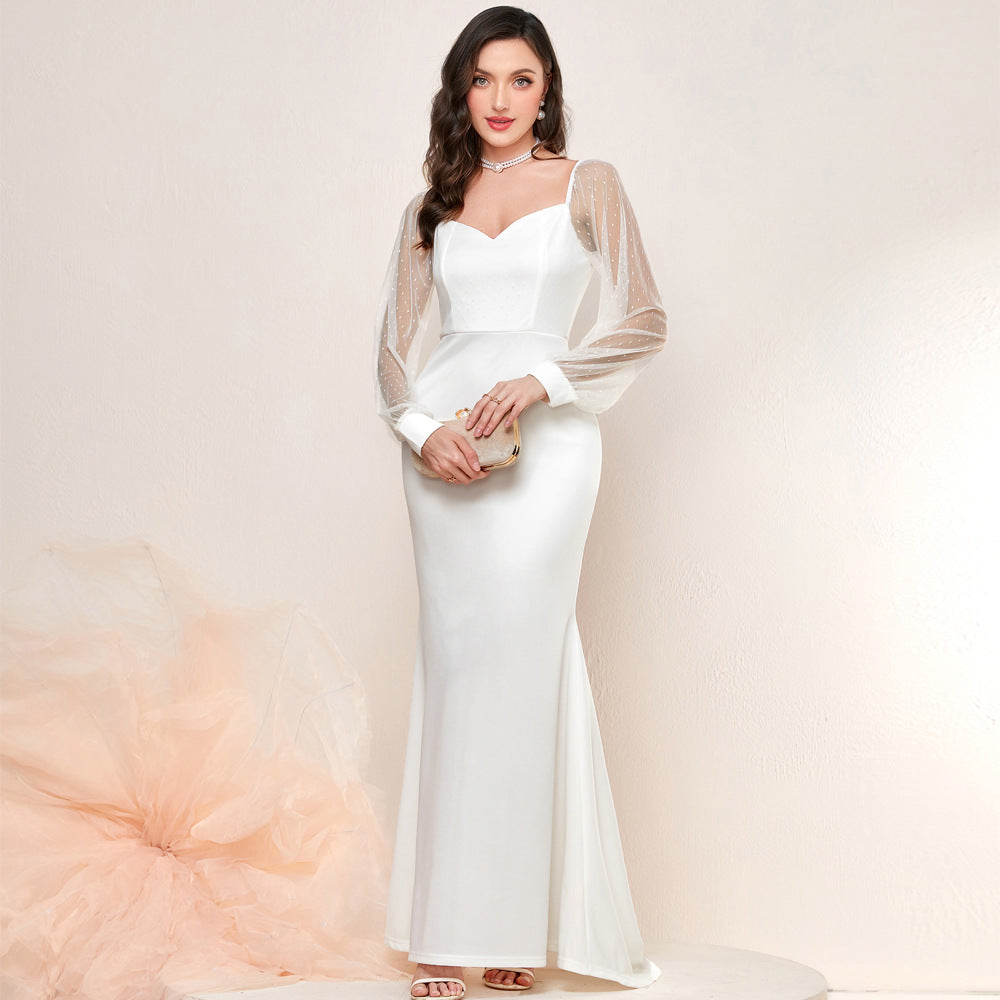 Swiss Dot Mesh Puff Sleeve Sweetheart Mermaid Maxi Gown
