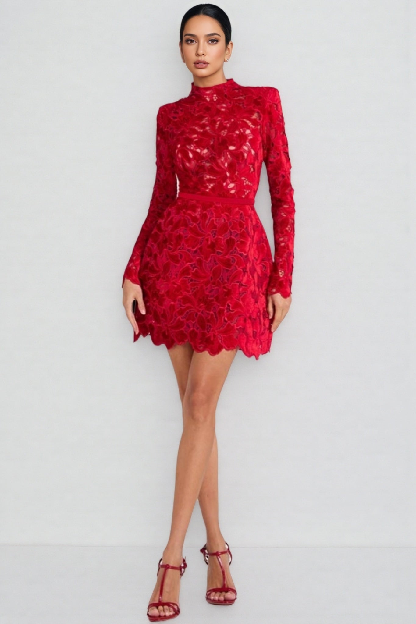 Beni Long Sleeve Lace Mini Dress-Red - View 3