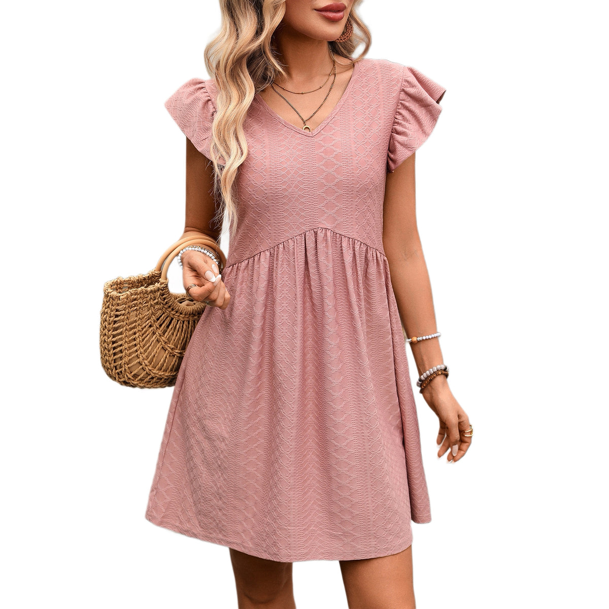 Textured V-Neck Flutter Sleeve Pocket Babydoll Mini Dress 2