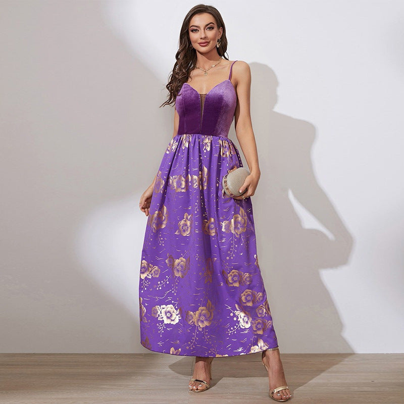 Velvet Spaghetti Strap Mesh Plunge Floral Print Pleated A-Line Maxi Dress