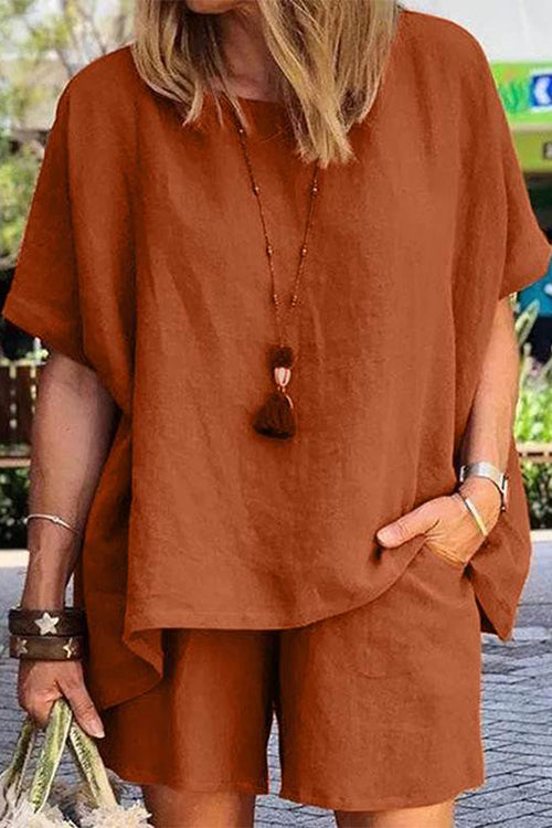 Solid Short Sleeve Blouse Shorts Set