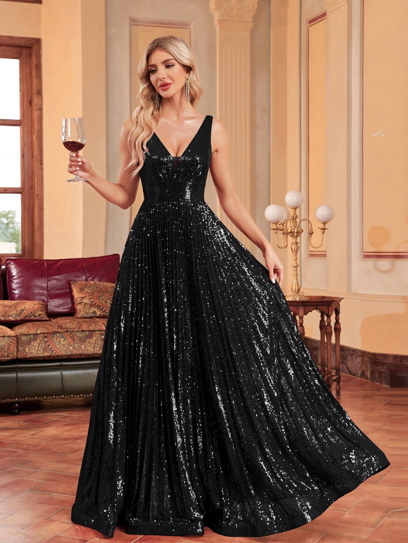 Sequin Deep V-Neck Sleeveless Pleated A-Line Maxi Dress