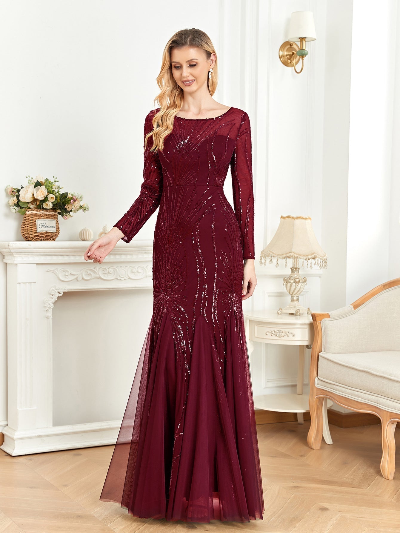 Sequin Crew Neck Long Sleeve Tulle Mermaid Maxi Gown