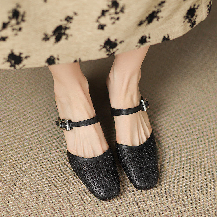 Square Toe Cut Out Buckle Block Heel Mules