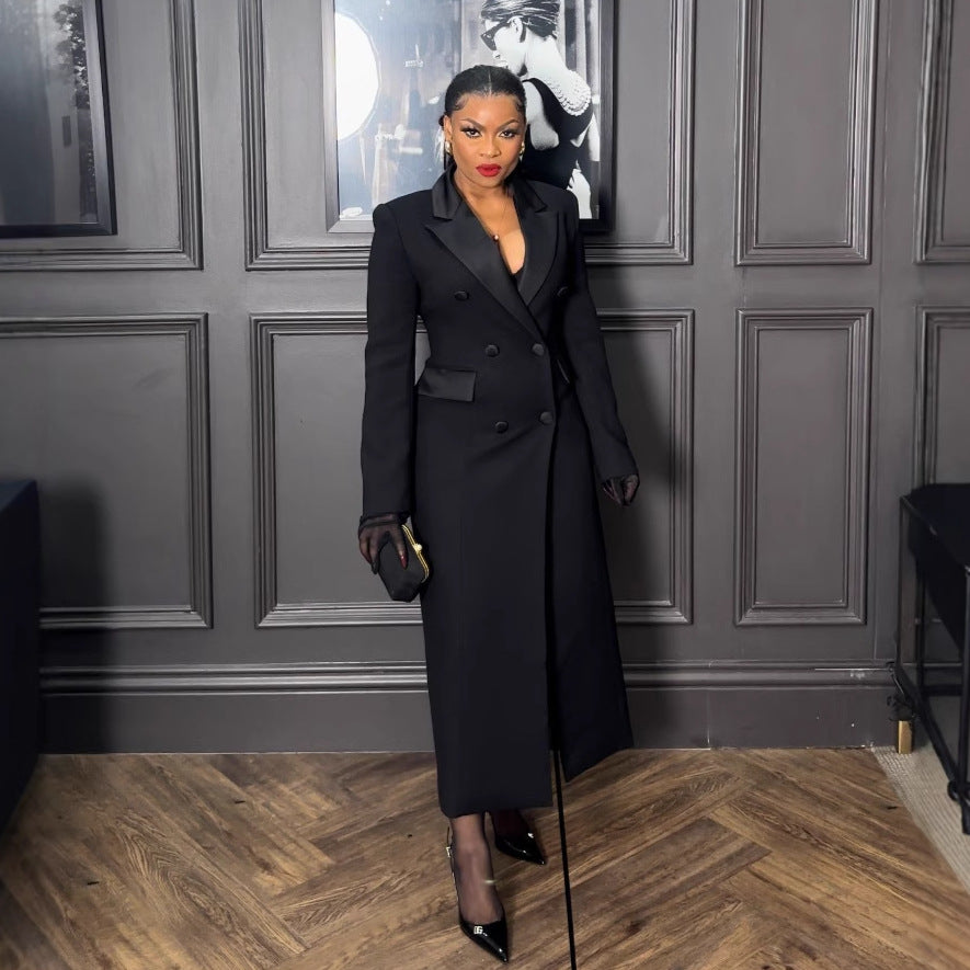 Sexy Elegant Collared Waist Tight Long Business Blazers Dress