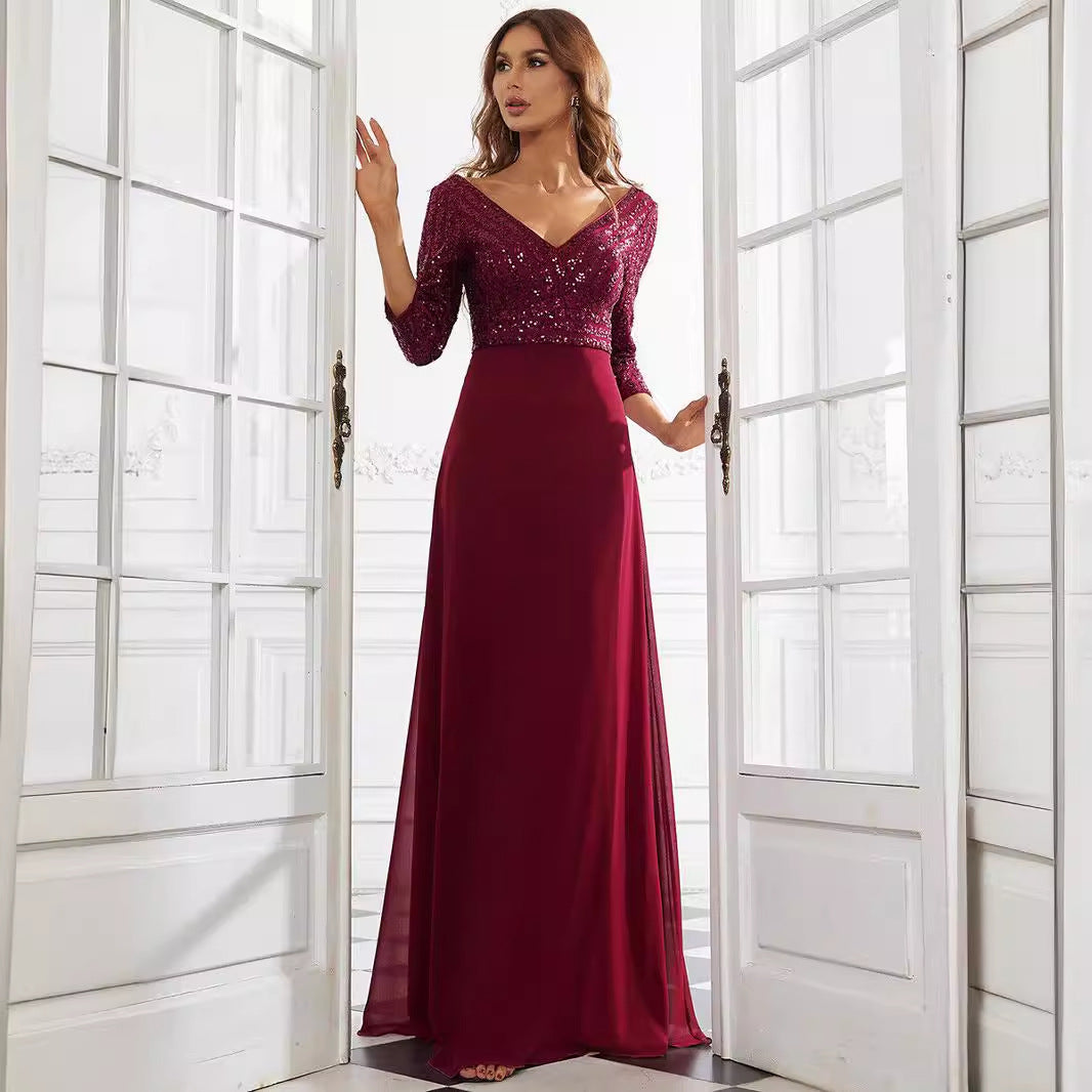 Sequin V-Neck Long Sleeve Chiffon A-Line Evening Dress