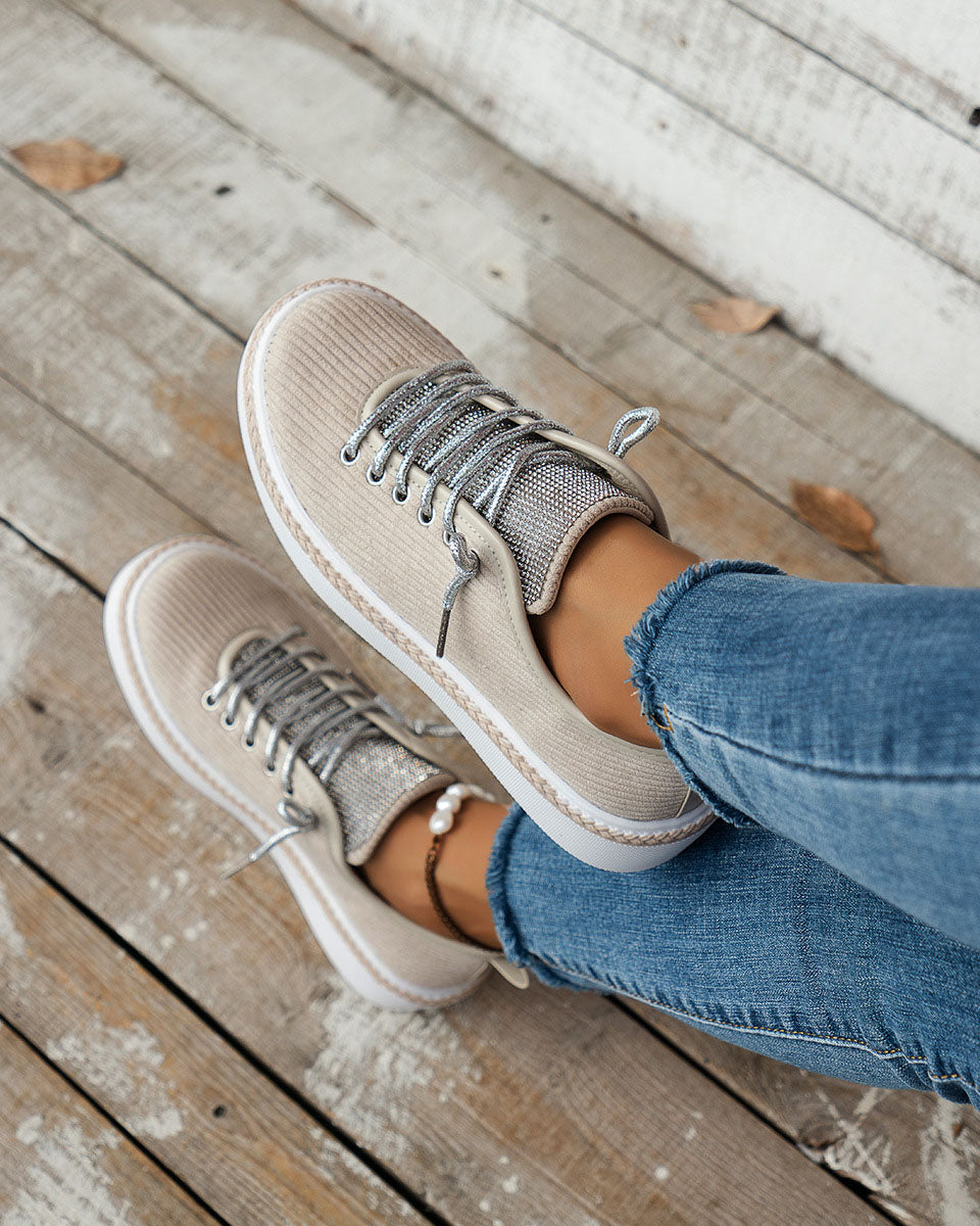 Shimmering Silver Lace-up Tongue Textile Athletic Shoes