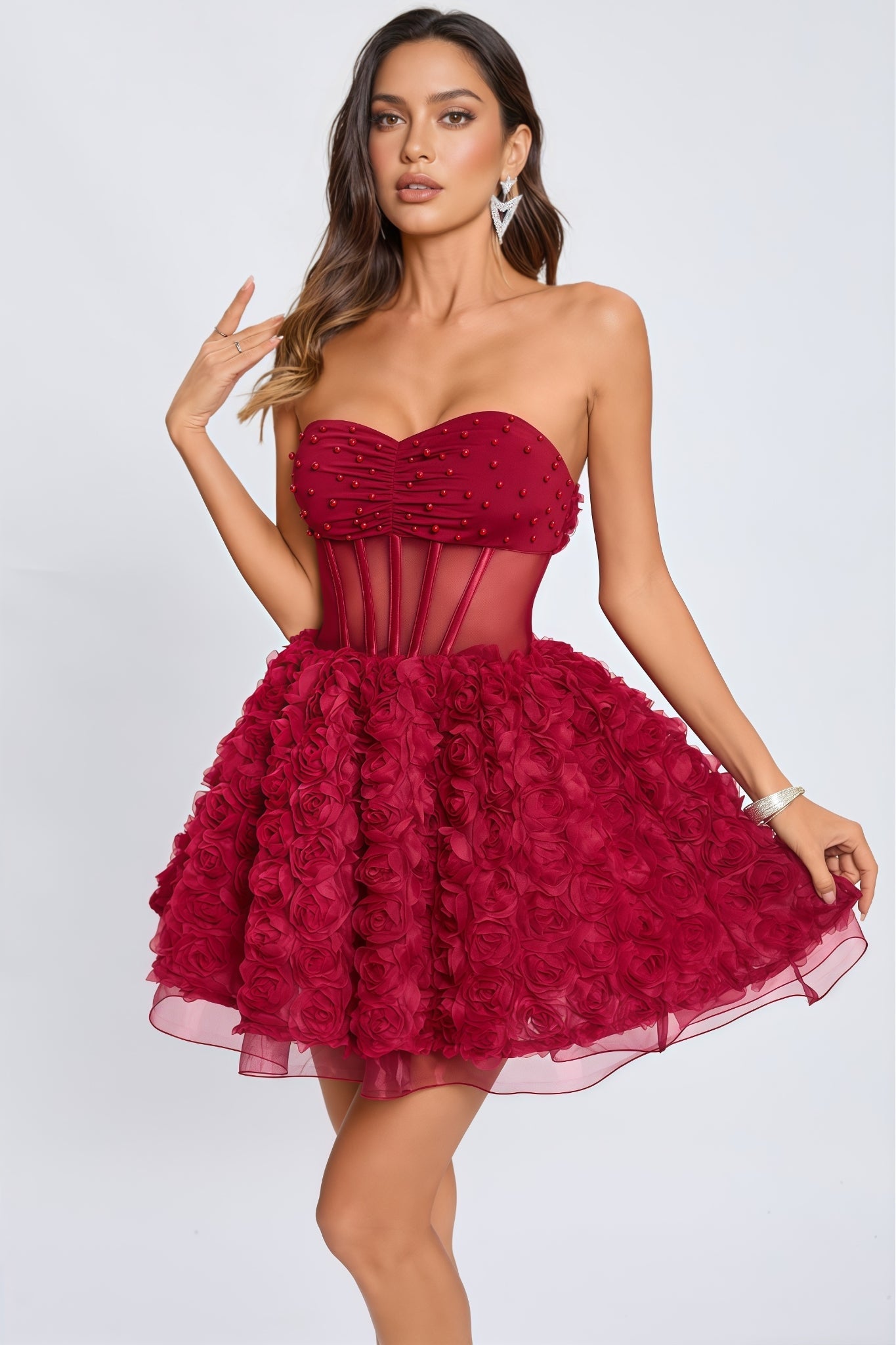 Beaded Strapless Corset 3D Rose Tulle Mini Dress