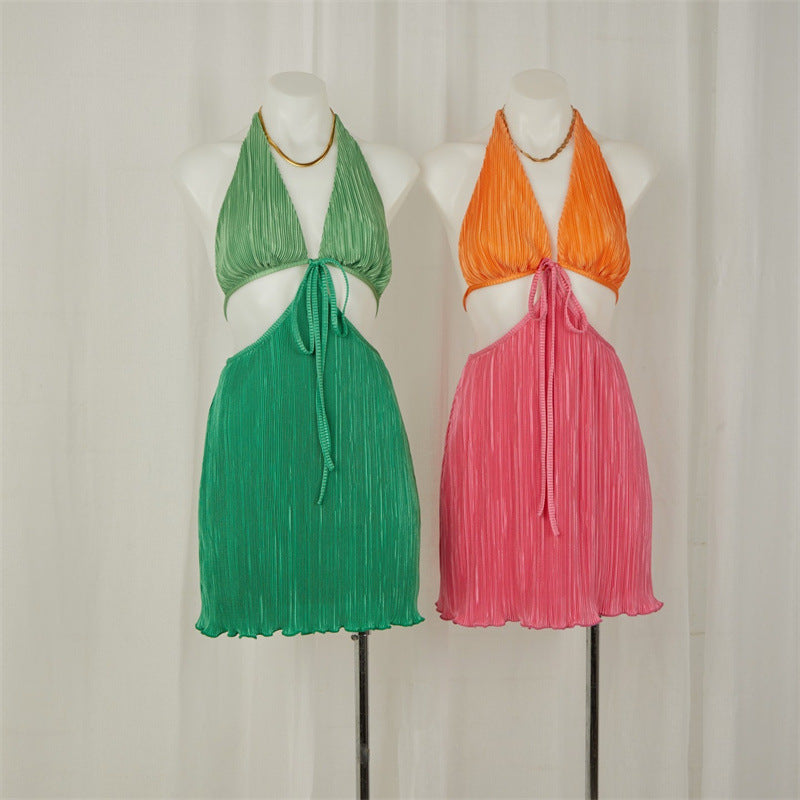 Summer V Neck Backless Pleated Halter Lace Up Cutout Short Dress - View 5