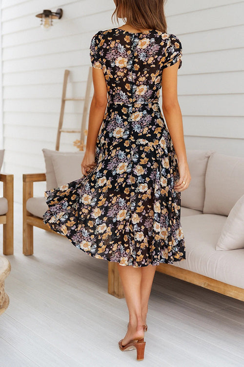 Floral V-Neck Short Sleeve Wrap Midi Dress Summer 6