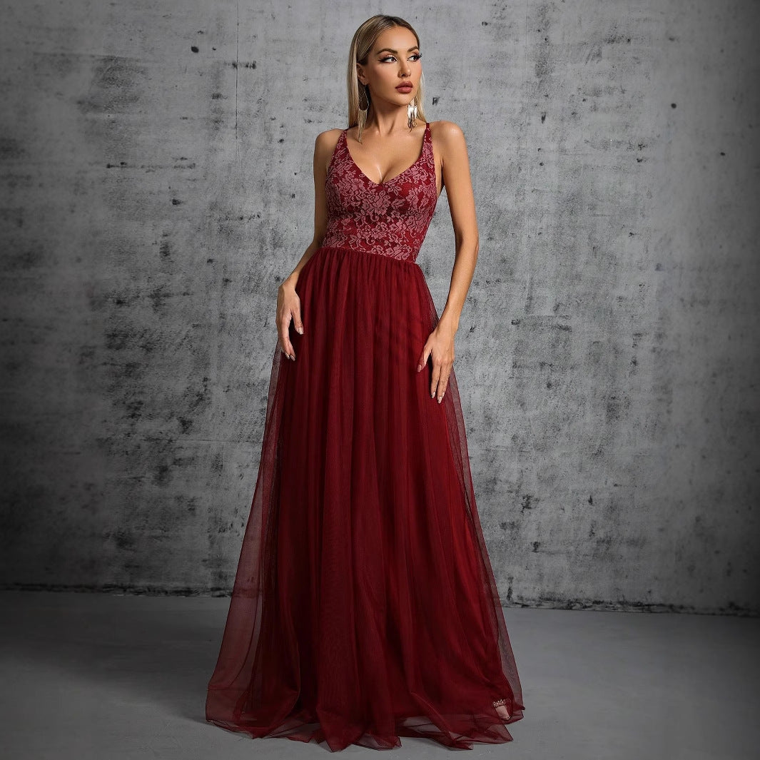 Tulle V-Neck Sleeveless Lace Bodice A-Line Maxi Dress