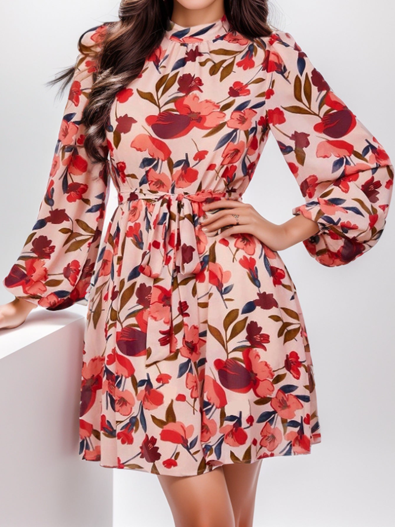 Floral High Neck Long Sleeve Tie Waist Fit and Flare Mini Dress