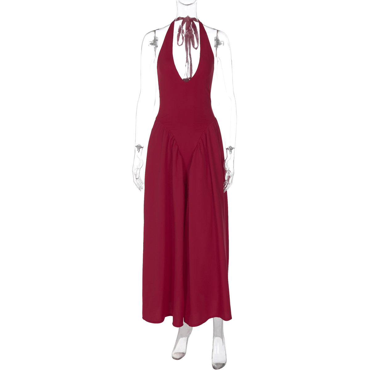 Halter Deep V-Neck Backless Satin Midi Dress 10
