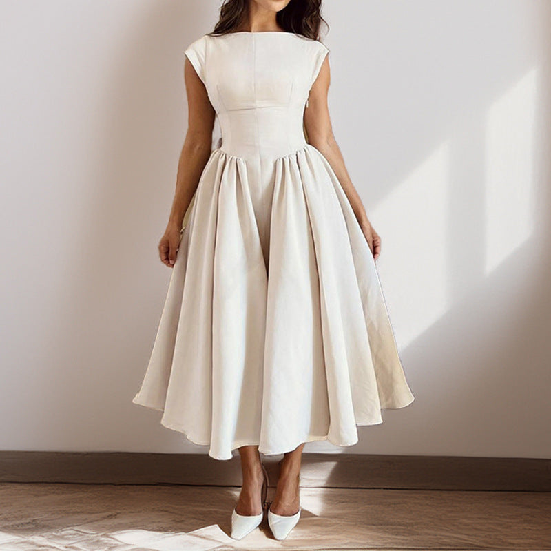 Boat Neck Cap Sleeve Drop Waist Pleated Fit and Flare Midi Dress 5
