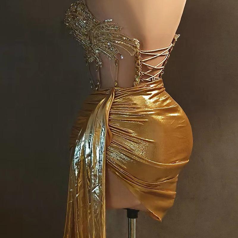 Rhinestone Fringe Strapless Ruched High Split Two Piece Set