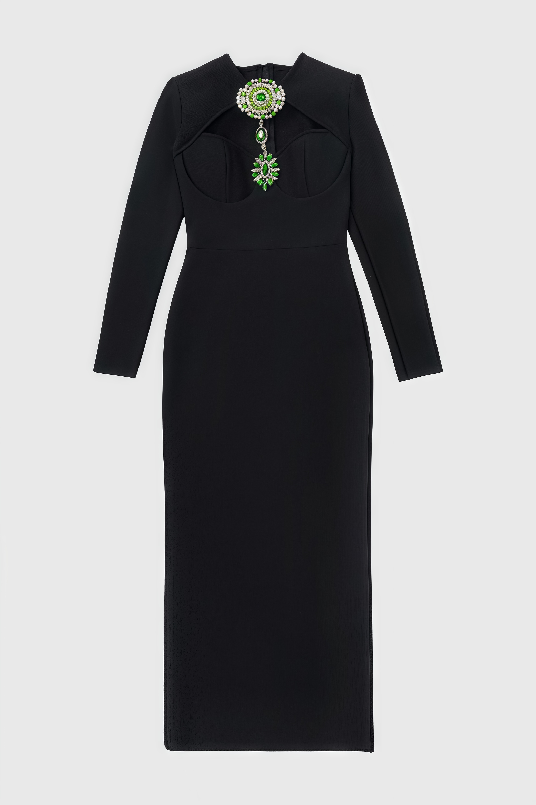 Crystal Brooch Chest Cut Out Long Sleeve Column Maxi Gown