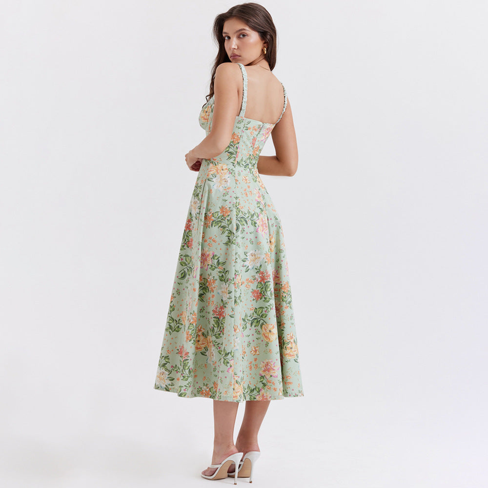 Floral Slip Dress Backless Slit Mid Length Vacation Dress for