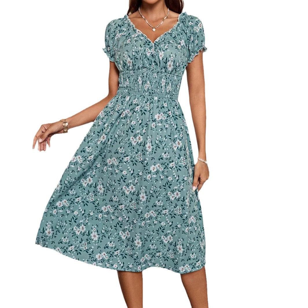 Floral V-Neck Short Sleeve Smocked Waist Fit and Flare Midi Dress