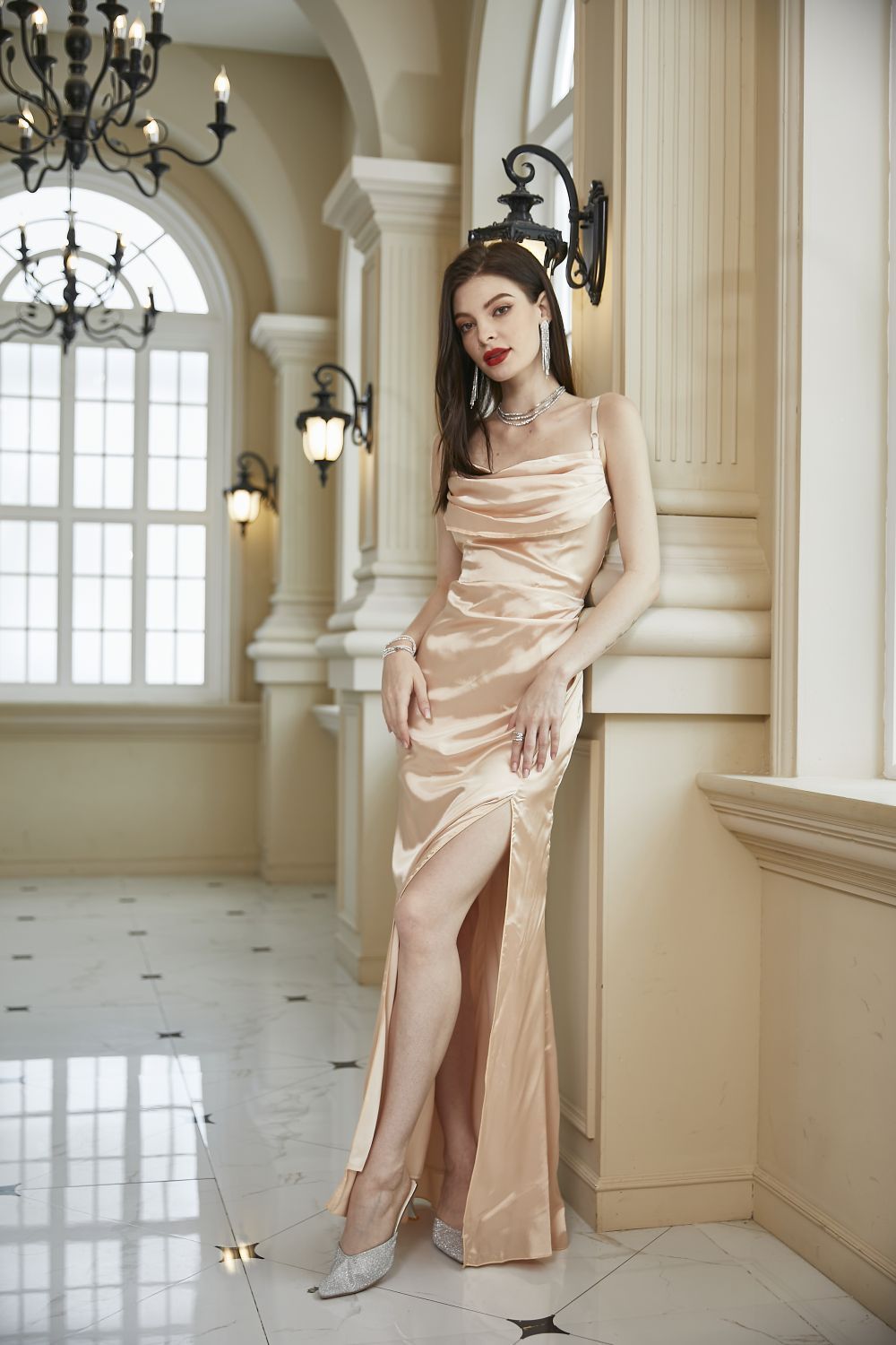 Satin Cowl Neck Spaghetti Strap High Split Maxi Bridesmaid Dress 5