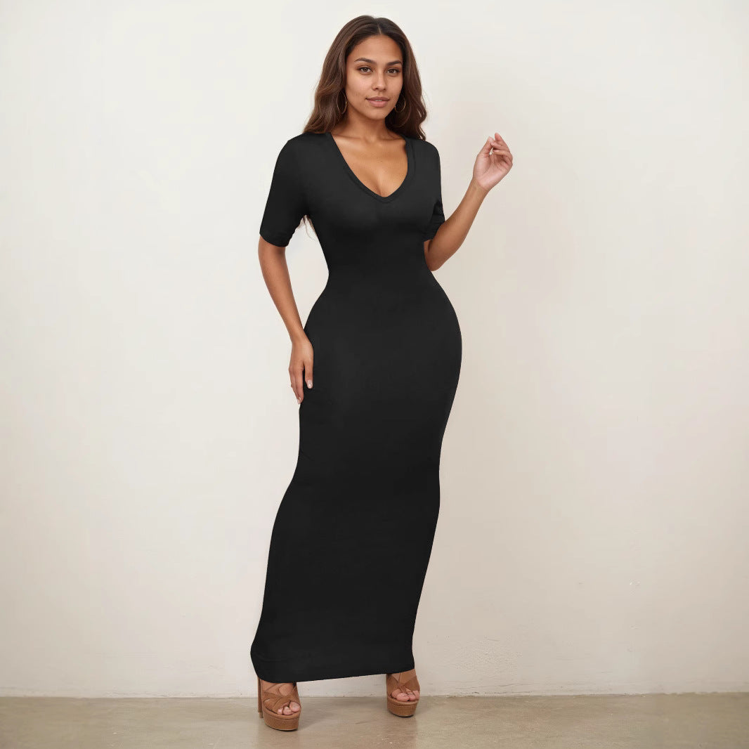 Slim Fit Sexy Women Clothing Deep V Plunge neck Half Sleeves Dress Solid Color High Elastic Sheath Dress