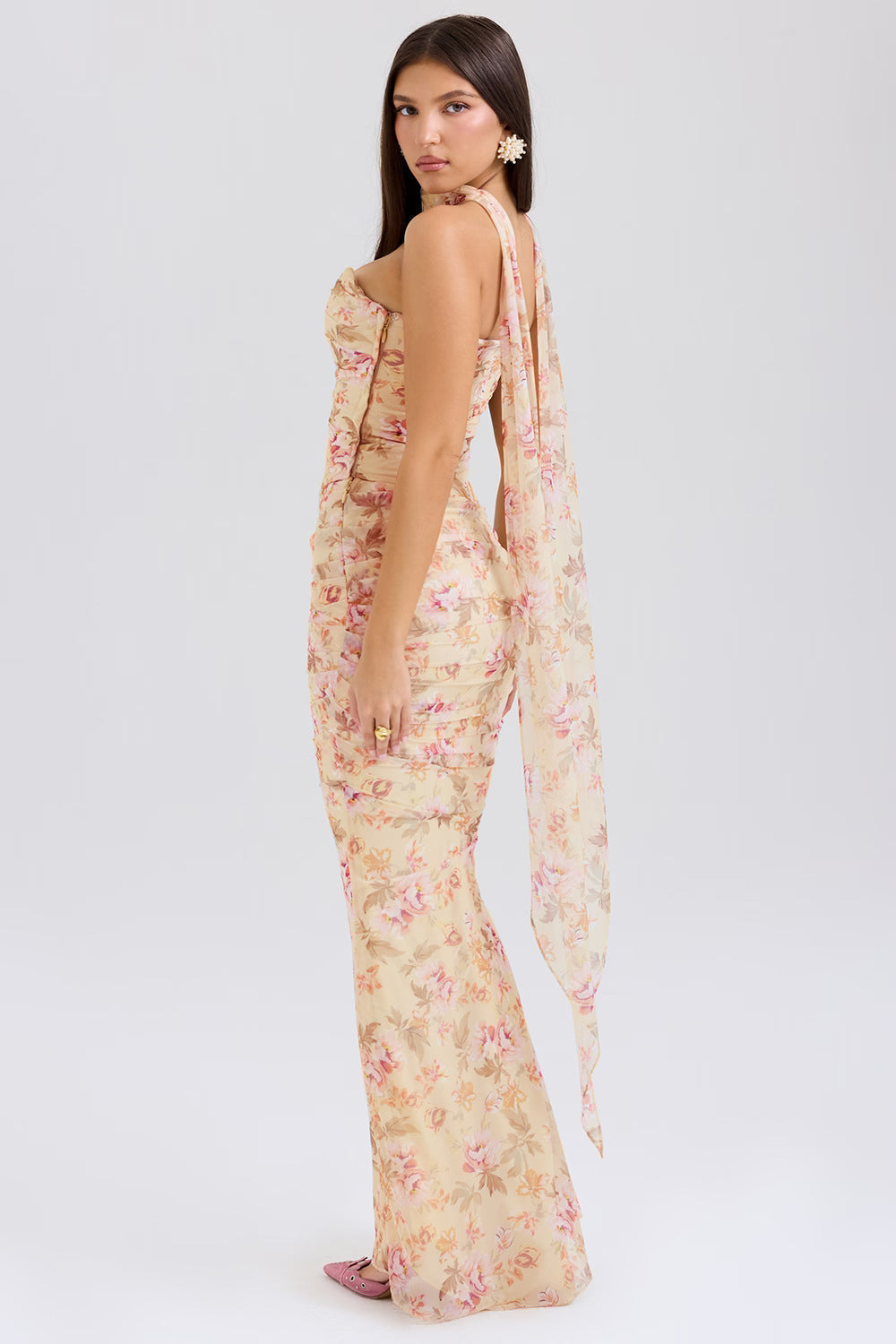 One Shoulder Draped Sash Ruched Fishtail Maxi Gown