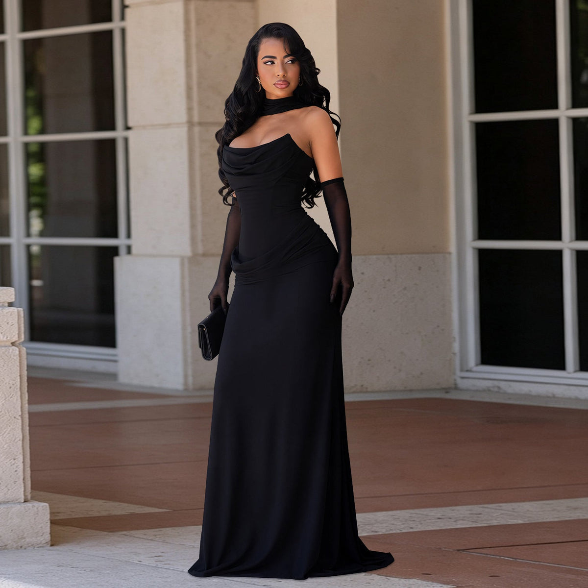 Strapless Cowl Neck Draped Bodycon Maxi Gown with Choker 2