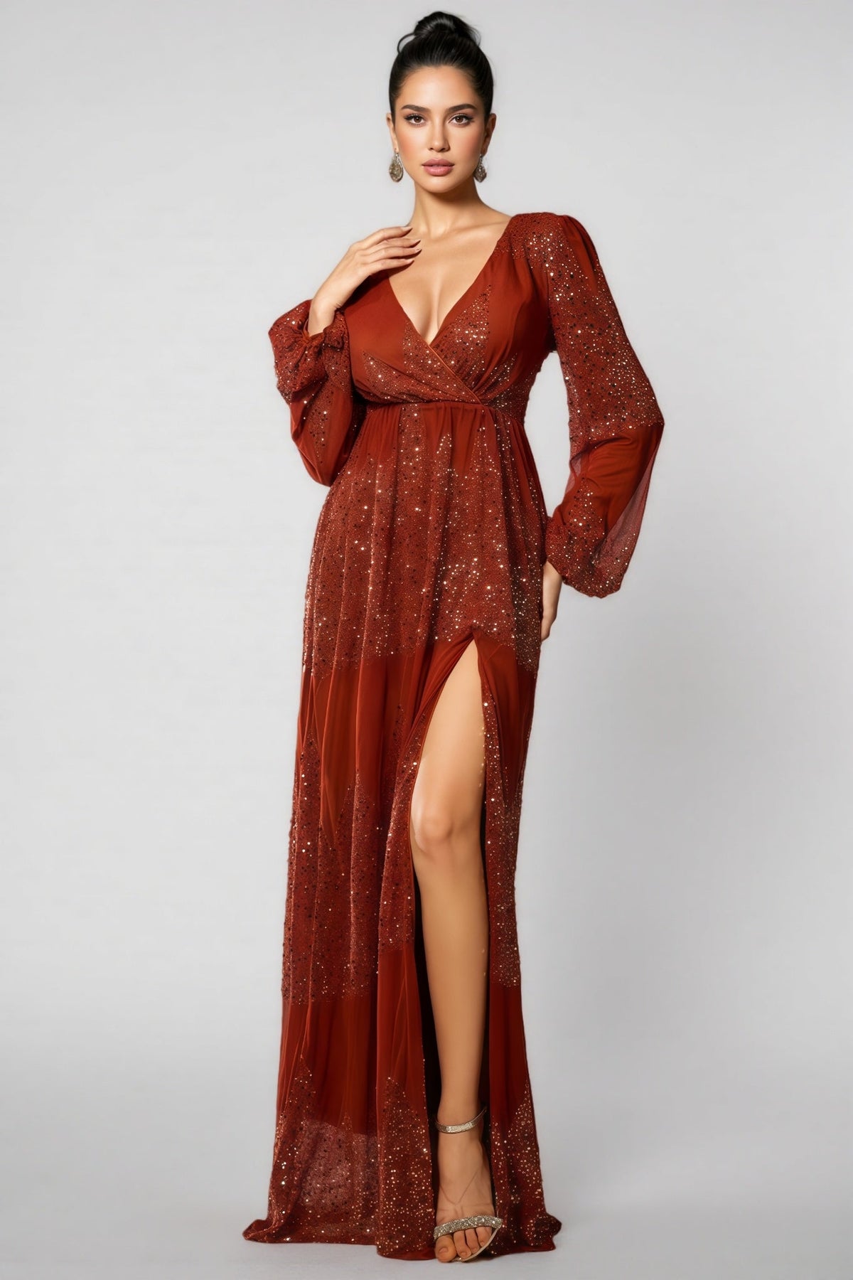 Sequin V-Neck Wrap Balloon Sleeve High Split Maxi Dress