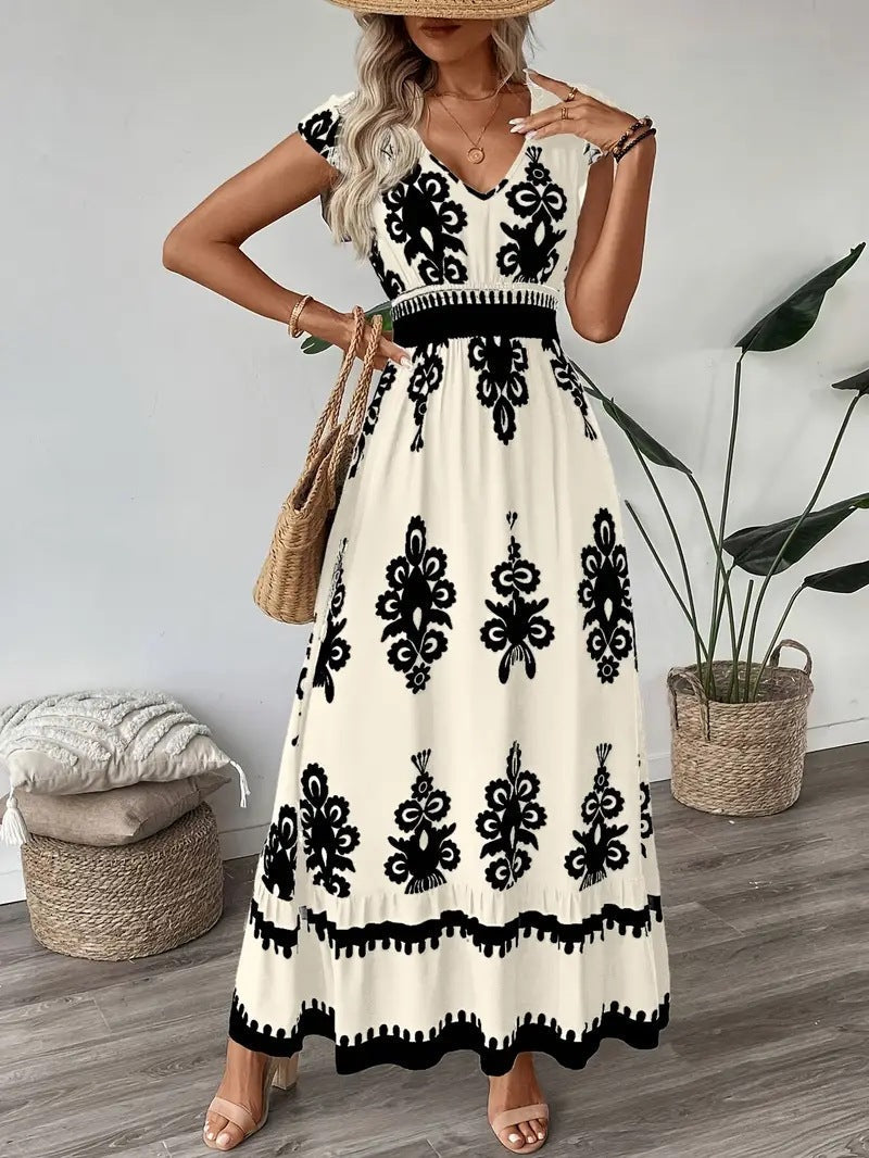 Bohemian Damask Print V-Neck Cap Sleeve Smocked Waist Ruffle Hem Maxi Dress