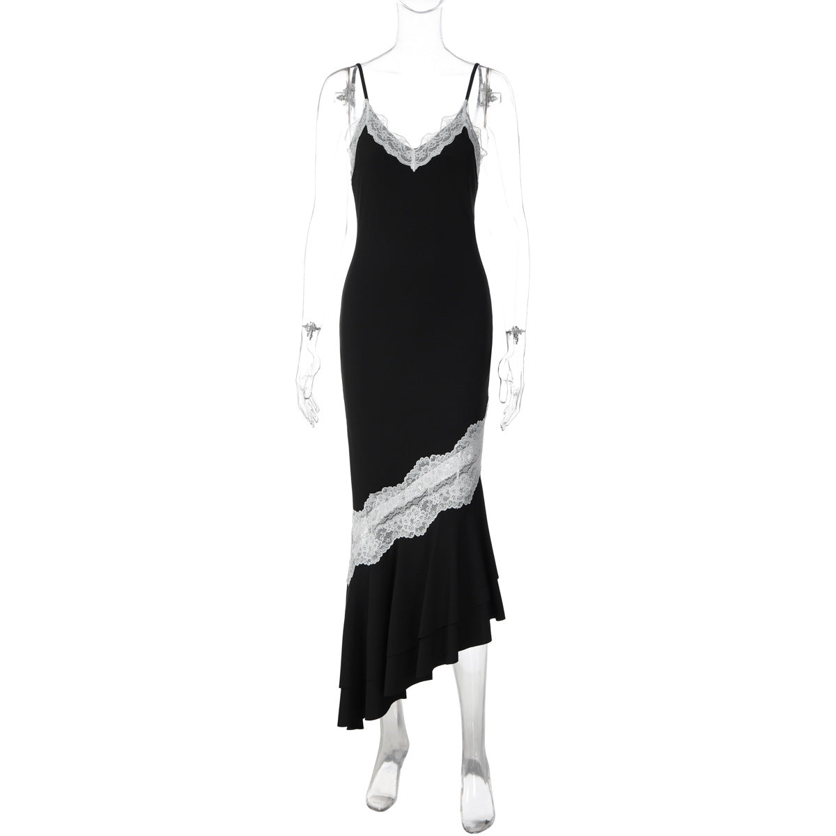 Lace Trim V-Neck Cami Ruffle Hem Bodycon Maxi Dress 2