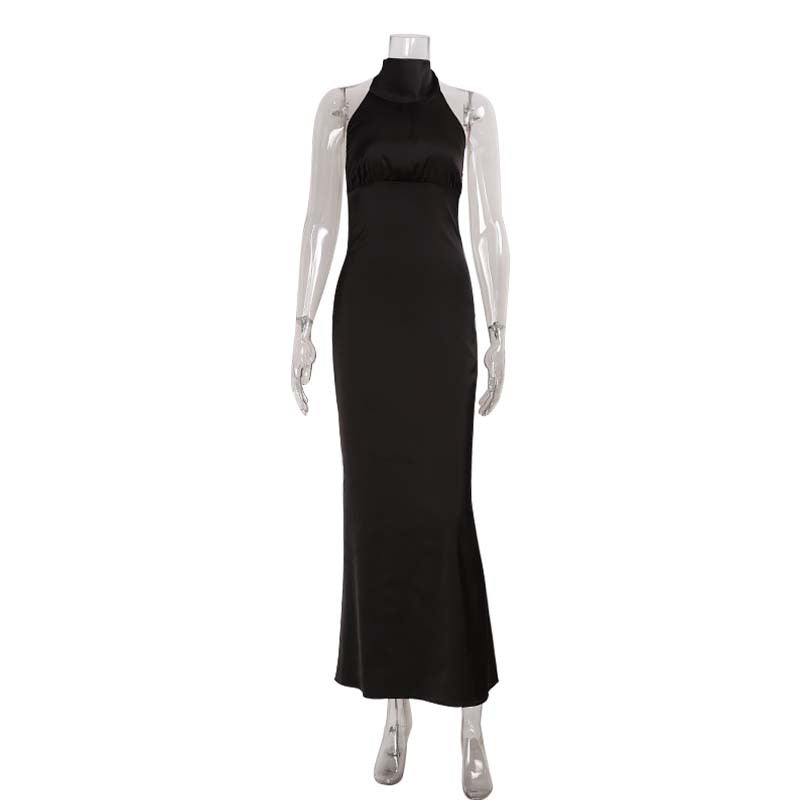 Satin Mock Neck Halter Sleeveless Ruched Bust Mermaid Maxi Dress 2