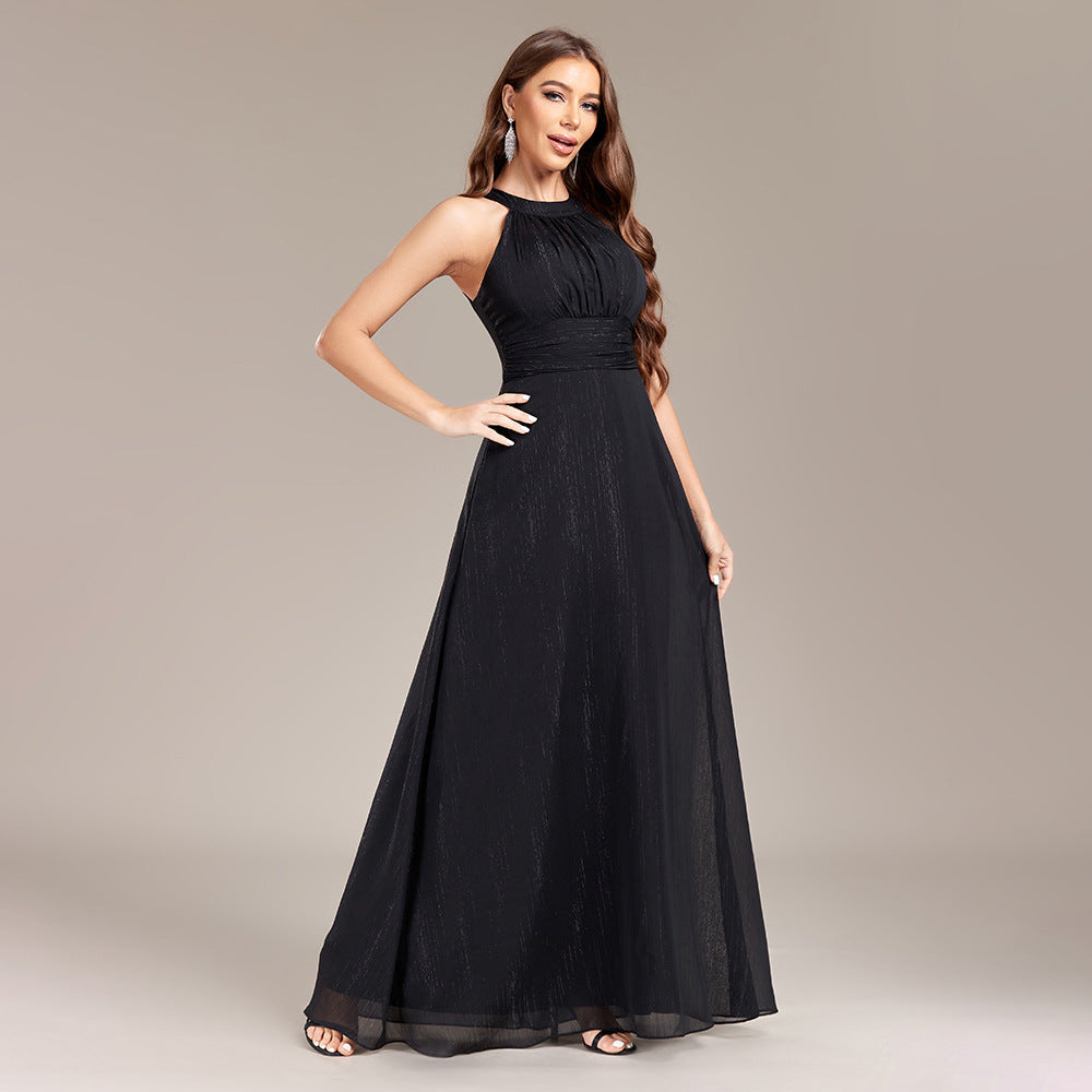 Halter Neck Pleated Waist Chiffon A-Line Maxi Gown