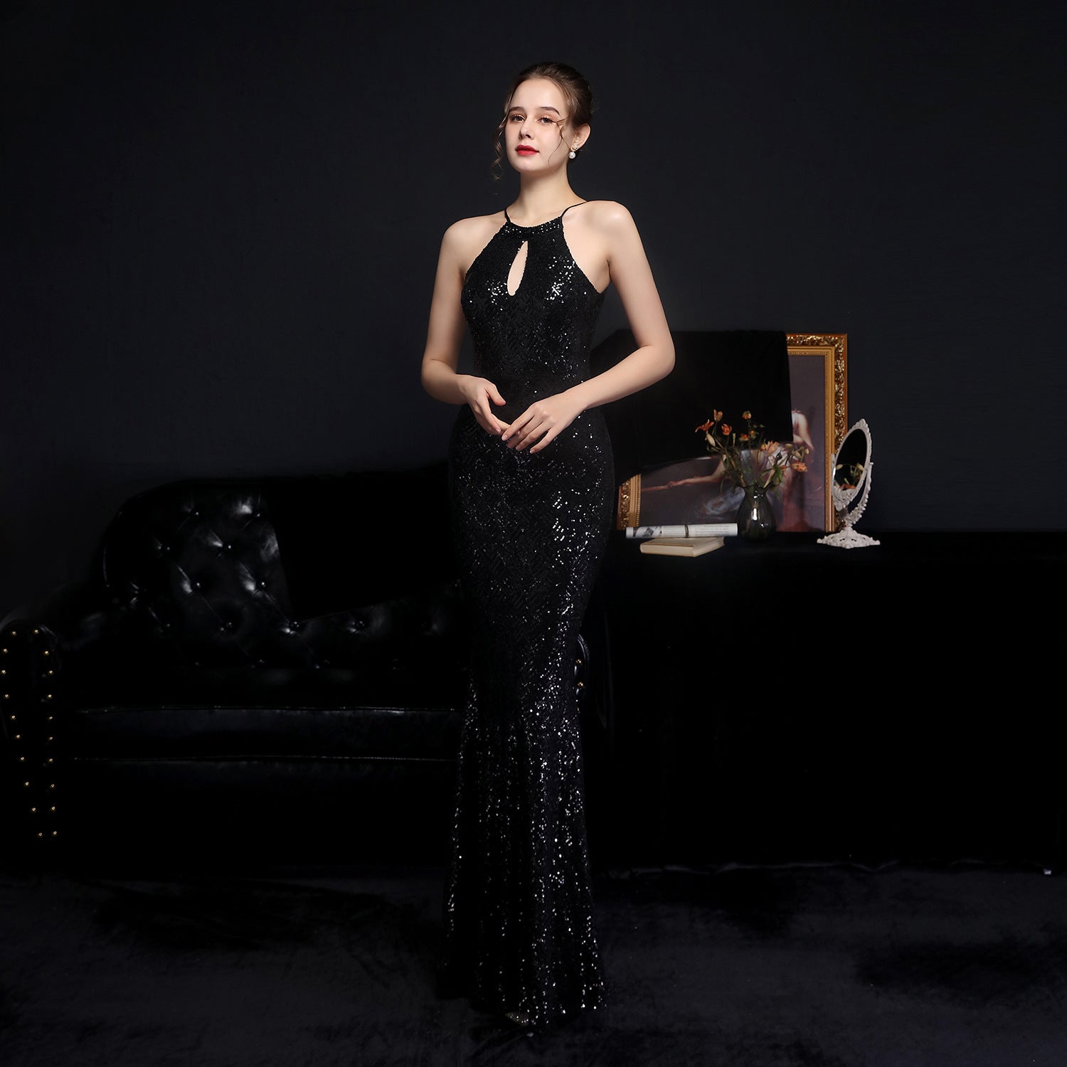 Halter Neck Keyhole Beaded Sequin Mermaid Gown