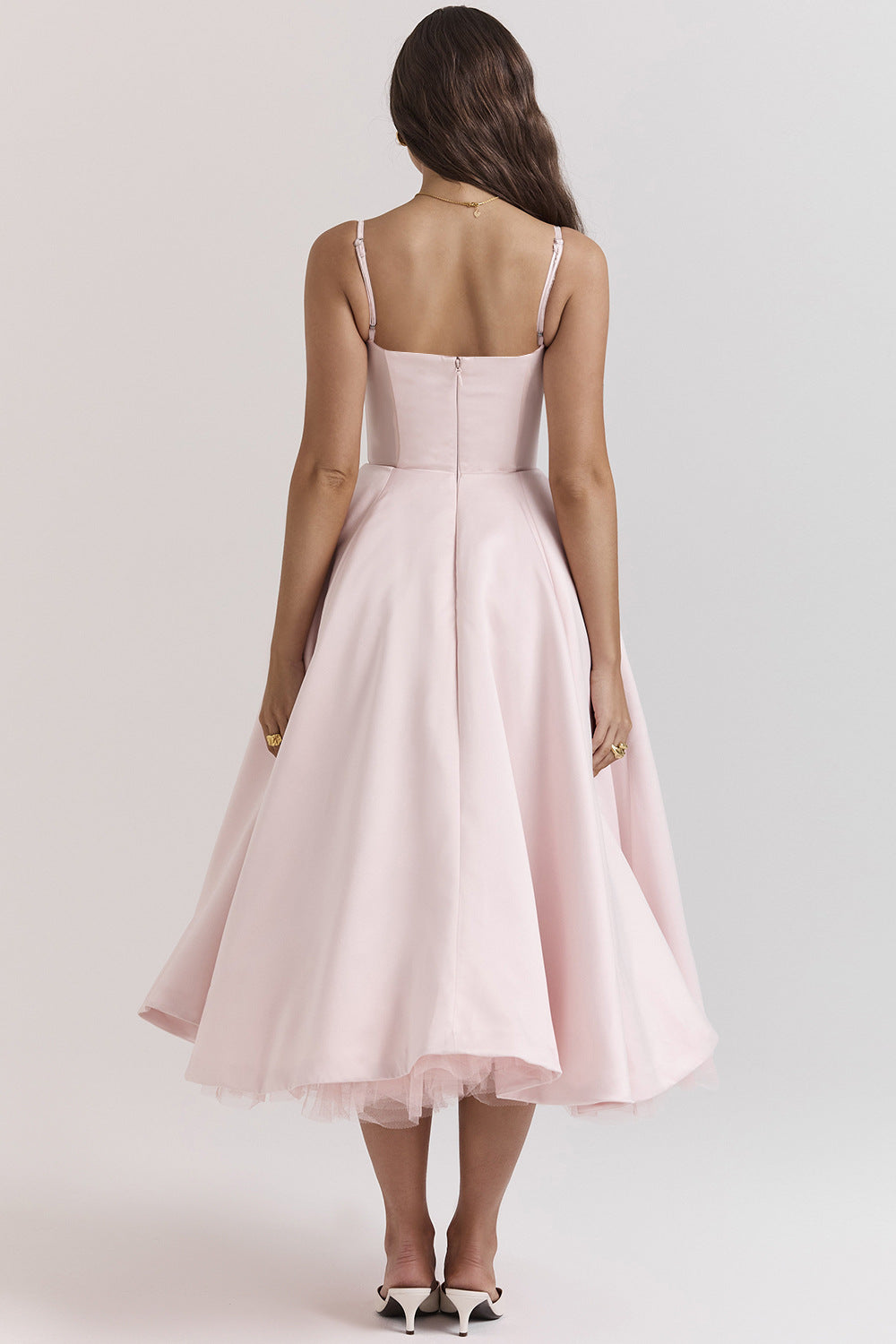 Spaghetti Strap Sweetheart Bustier Pleated Tulle Trim Fit and Flare Midi Dress