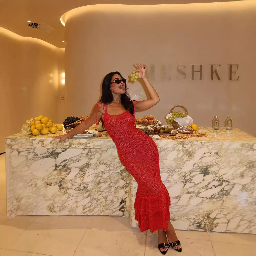 Hollow Out Cutout out Camisole Bohemian Beach Wooden Ear Knitted Sling Tiered Ruffle Maxi