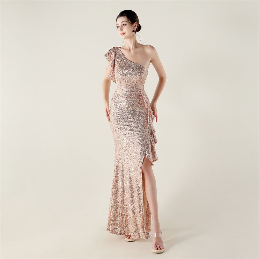 One Shoulder Ruffles Embellished Beaded Chain Handmade Sequined Evening Dress Cocktail Party Wedding - FashionAxe