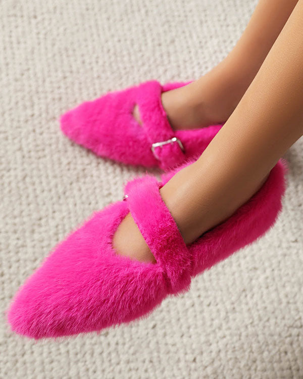 Candy Plush Pointed toe Buckle Flat Shoes
