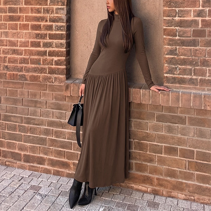 Mock Neck Long Sleeve Drop Waist Gathered Skirt Maxi Dress 5