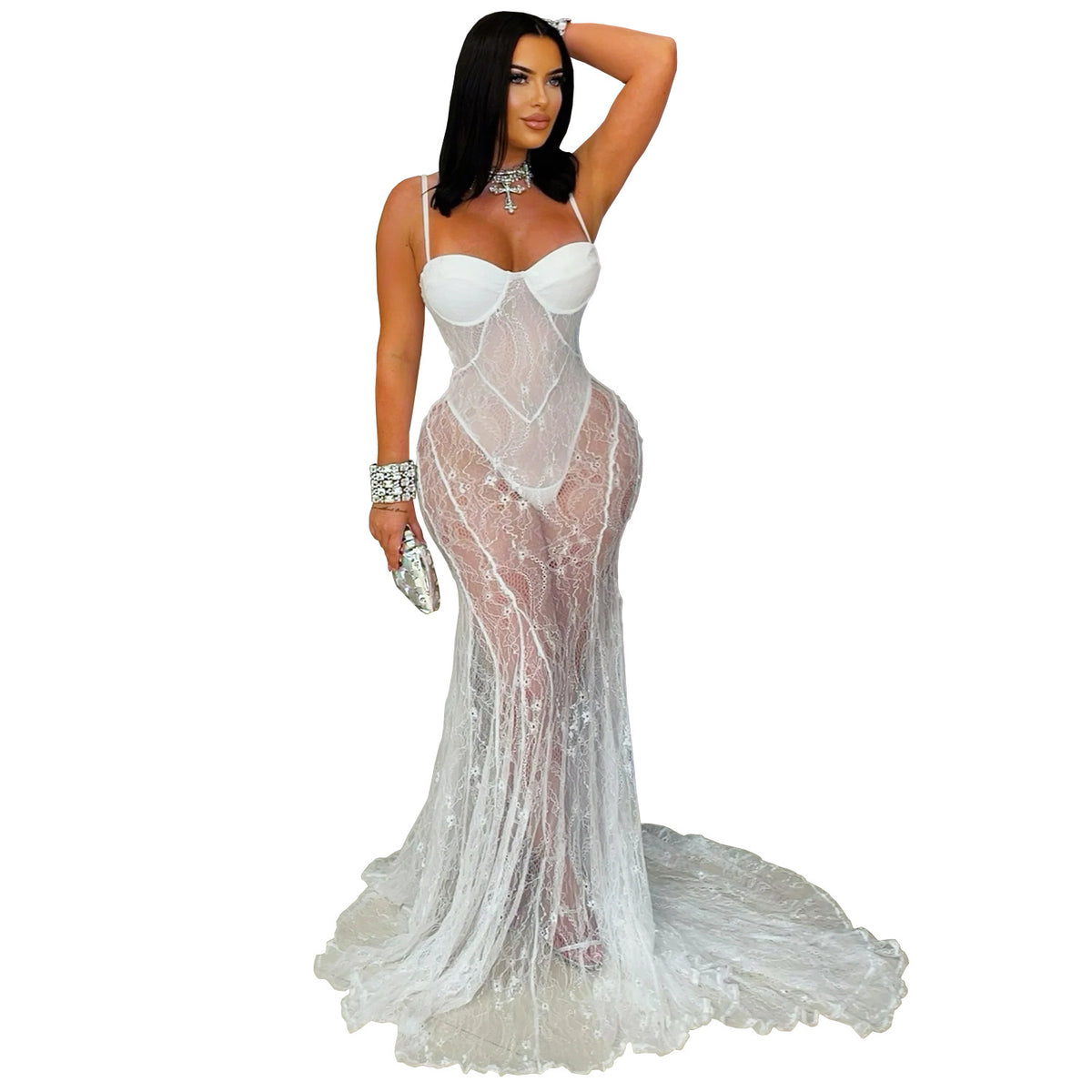 Sheer Lace Bustier Cup Spaghetti Strap Mermaid Maxi Gown with Train 5