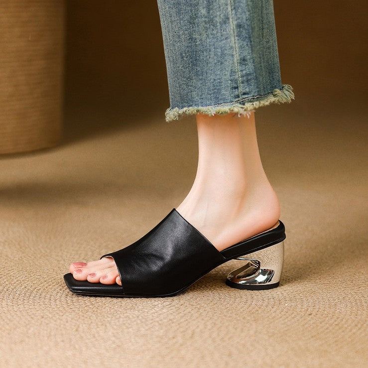 Open Toe Sculpted Block Heel Mules