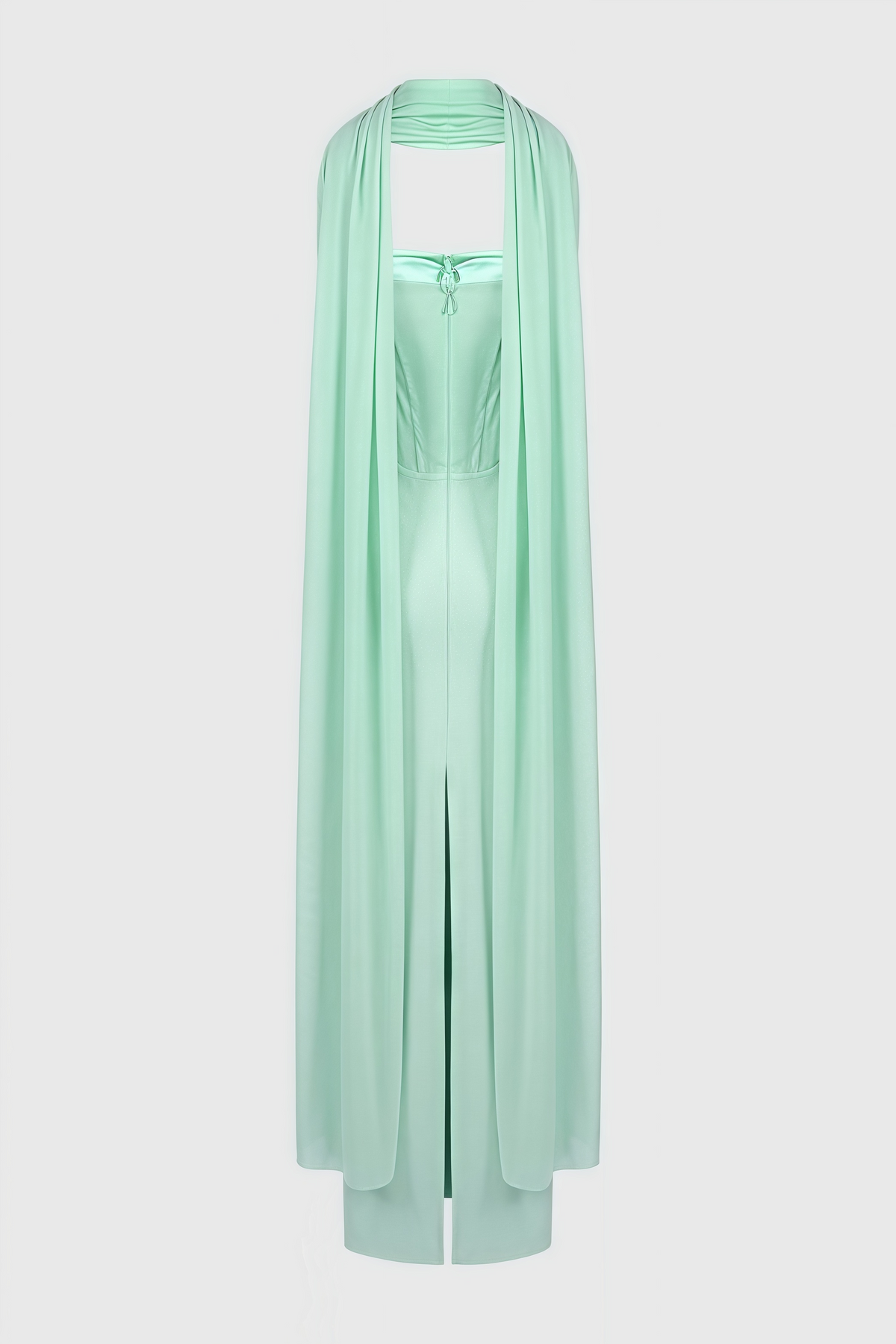 Strapless Sheer Corset Bodice Column Maxi Dress with Draped Neck Scarf 5