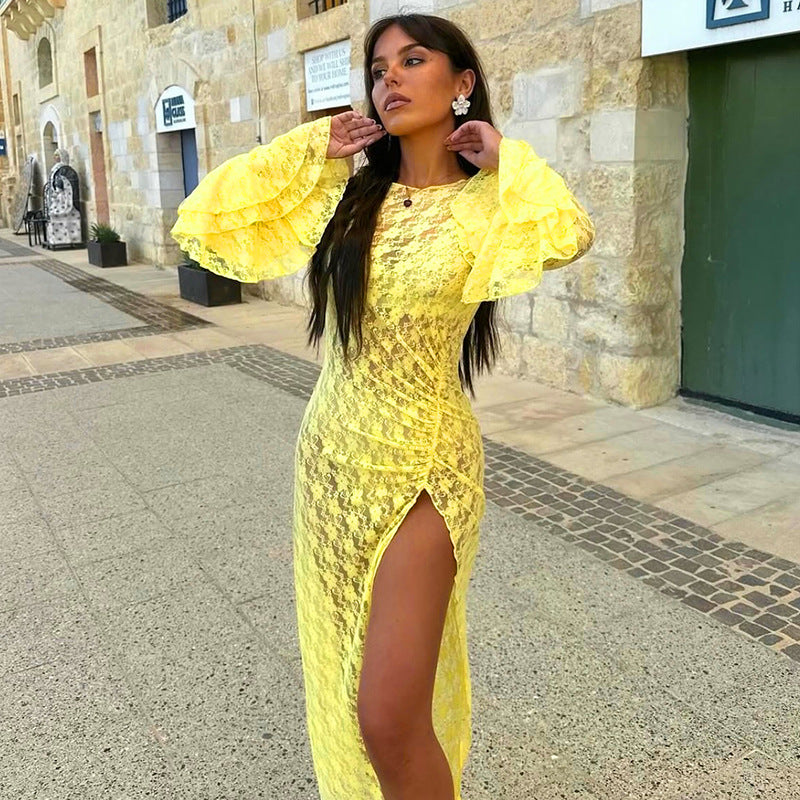 Women Clothing Autumn Sexy Lace Flared Sleeve Slit Dress