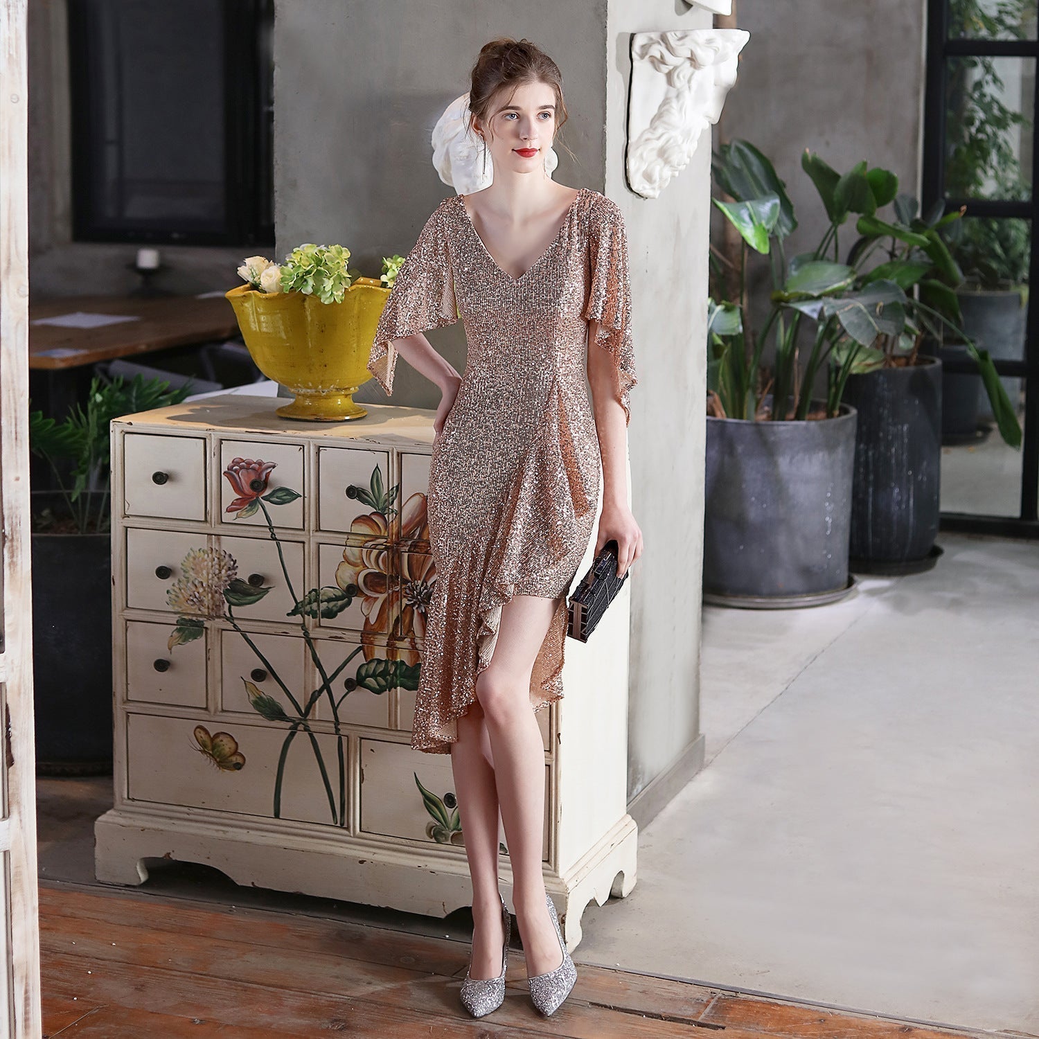 Sequin V-Neck Flutter Sleeve High Low Asymmetric Cocktail Dress