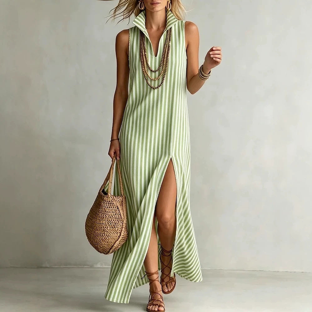 Independent Stand Striped Stand Collar Sleeveless Split Maxi Dress