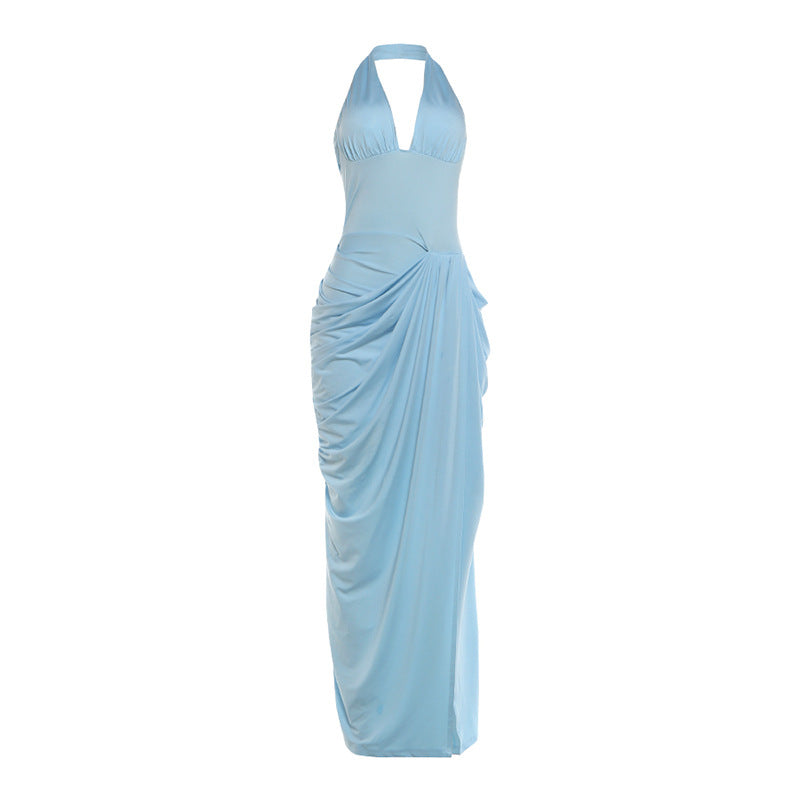 Halter Neck Deep V-Neck Draped High Split Maxi Gown 2