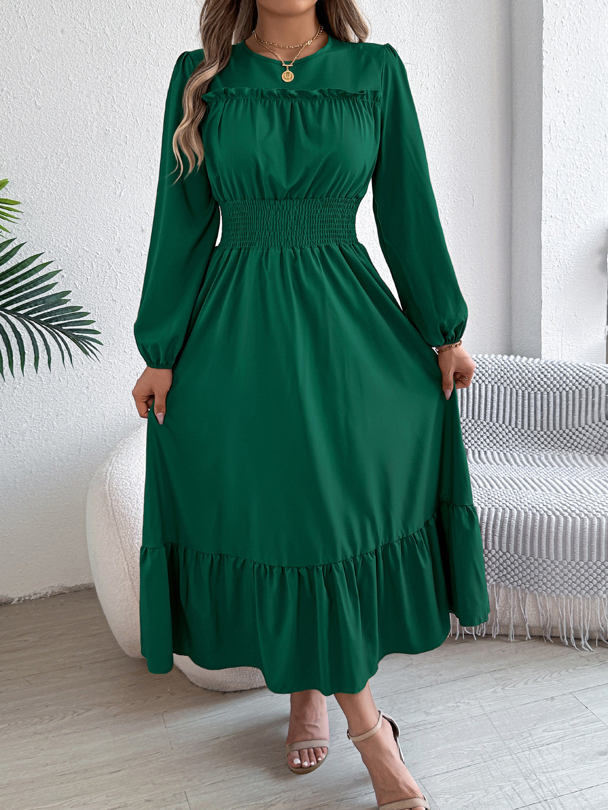 Crew Neck Long Sleeve Ruffle Yoke Smocked Waist Tiered Hem Maxi Dress 4
