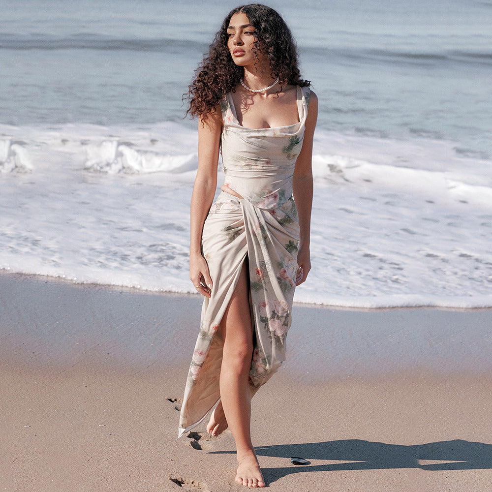 Chiffon Square Neck Corset Bustier High Split Maxi Two Piece Set