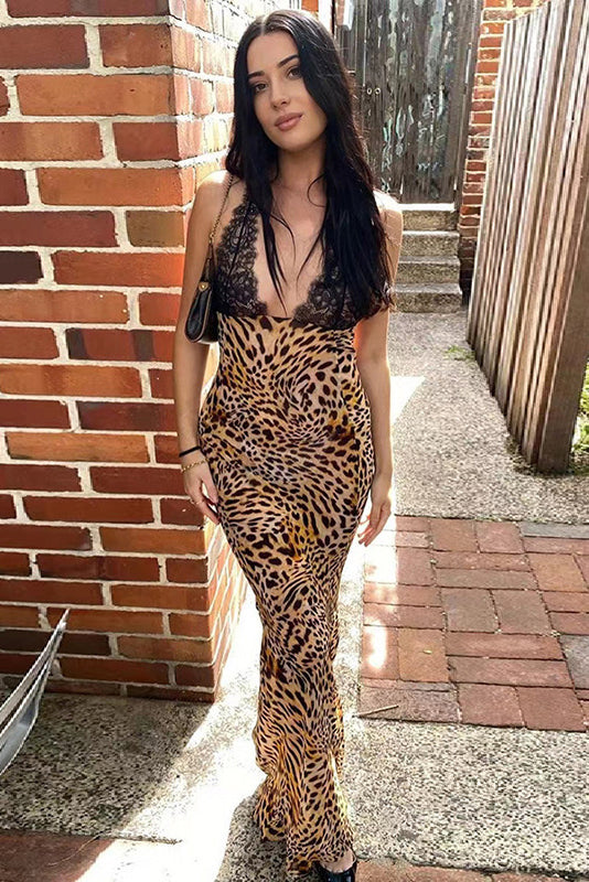 Deep V-Neck Lace Print Fishtail Slip Maxi Dress - View 3