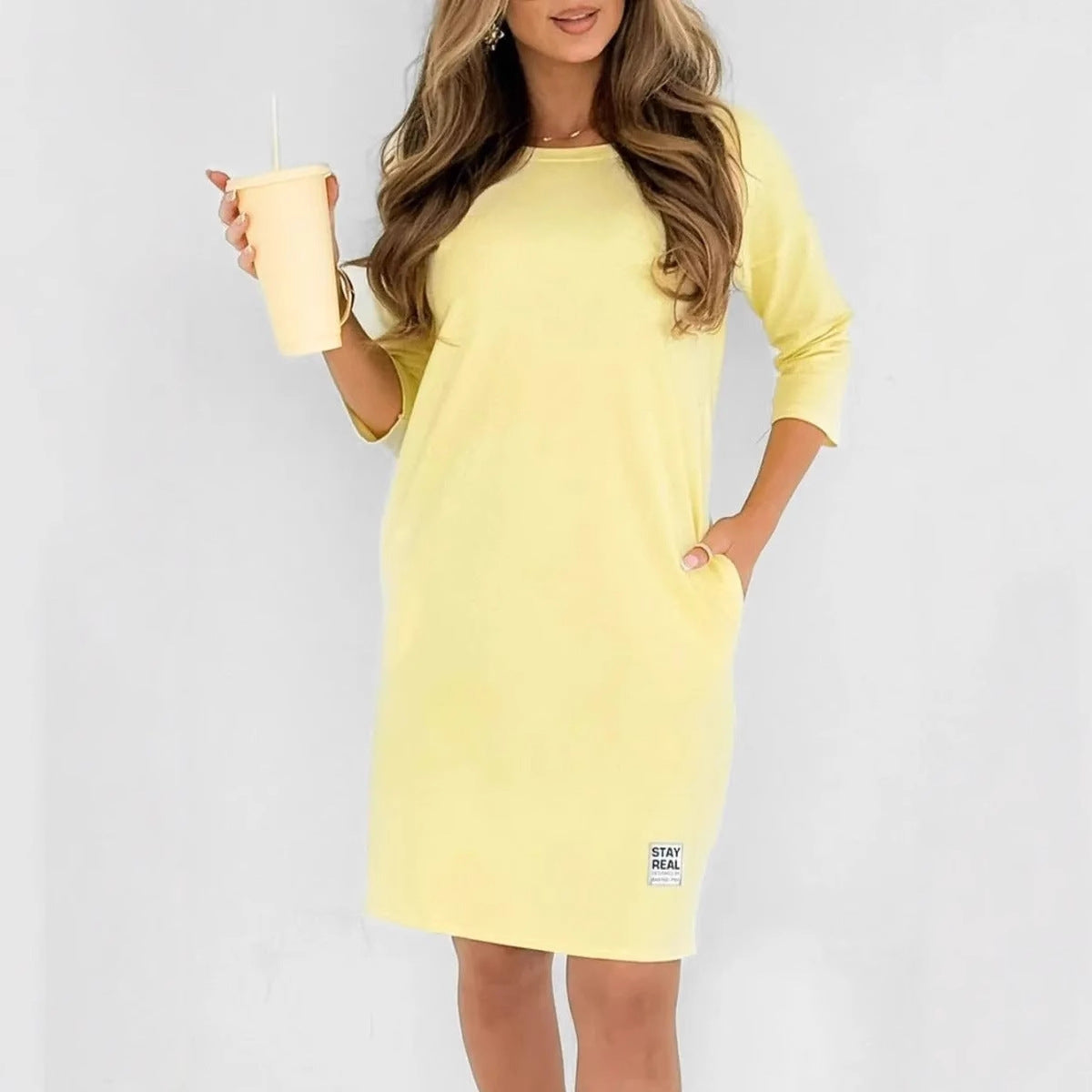 Summer Solid Color round Neck Loose Casual Long Sleeve Dress Women